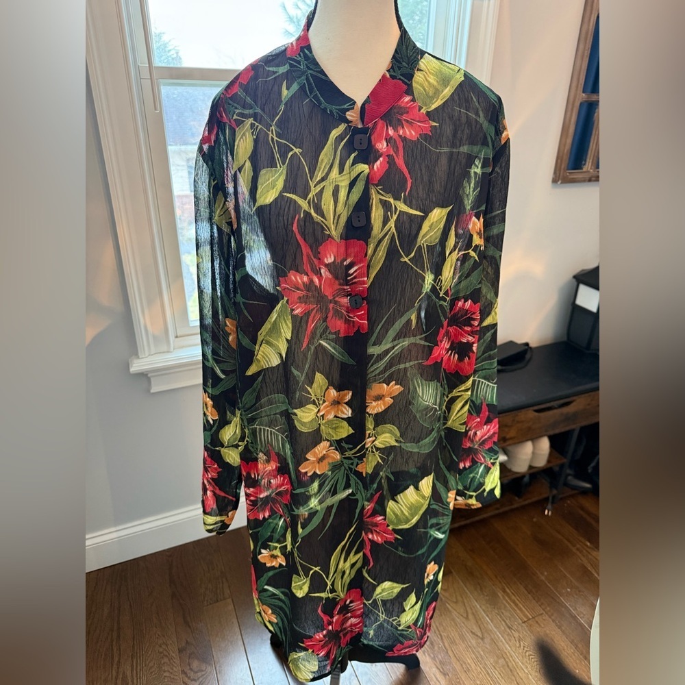 Susan Graver Black Floral Sheer  Tunic or Dress with Red and Green Accents 2X